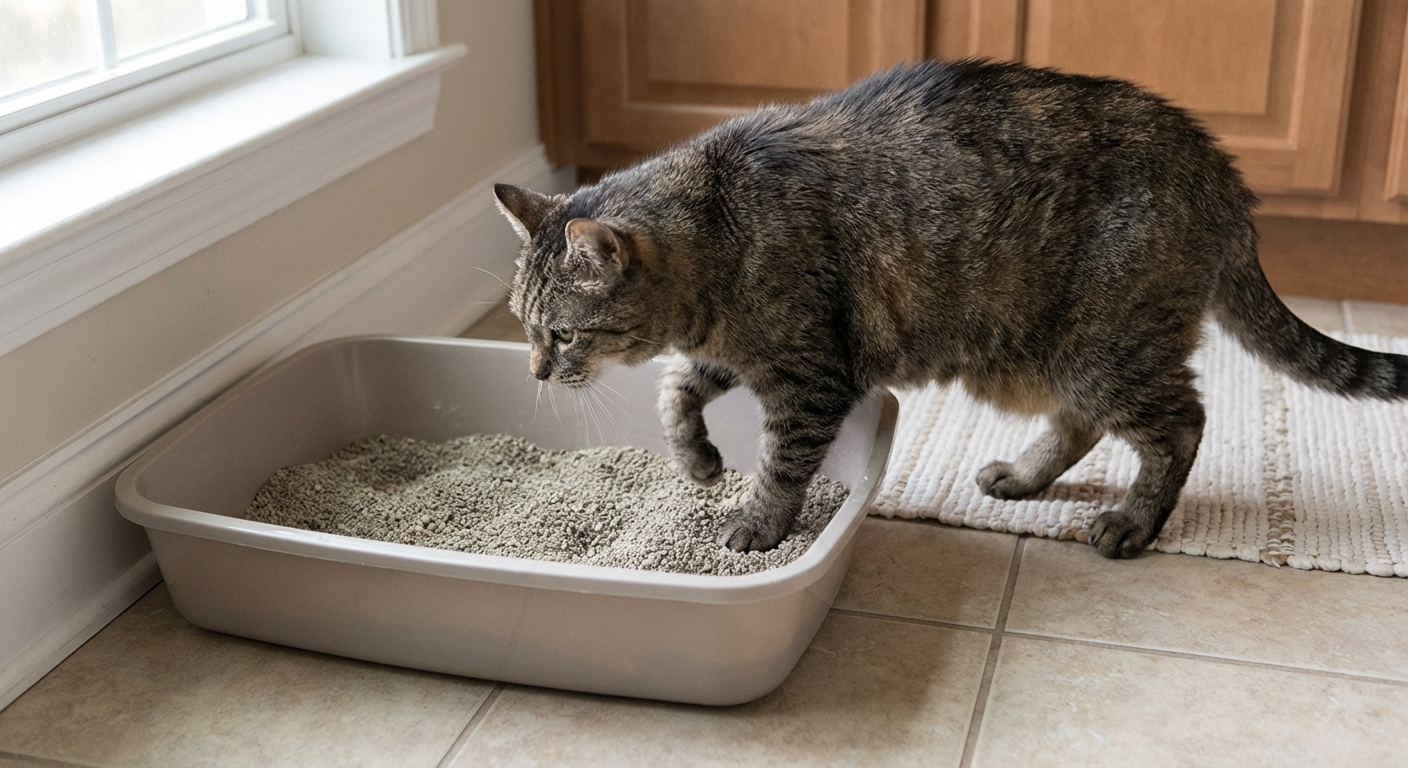 A senior cat stepping into a low-entry litter box on a quiet bathroom floor