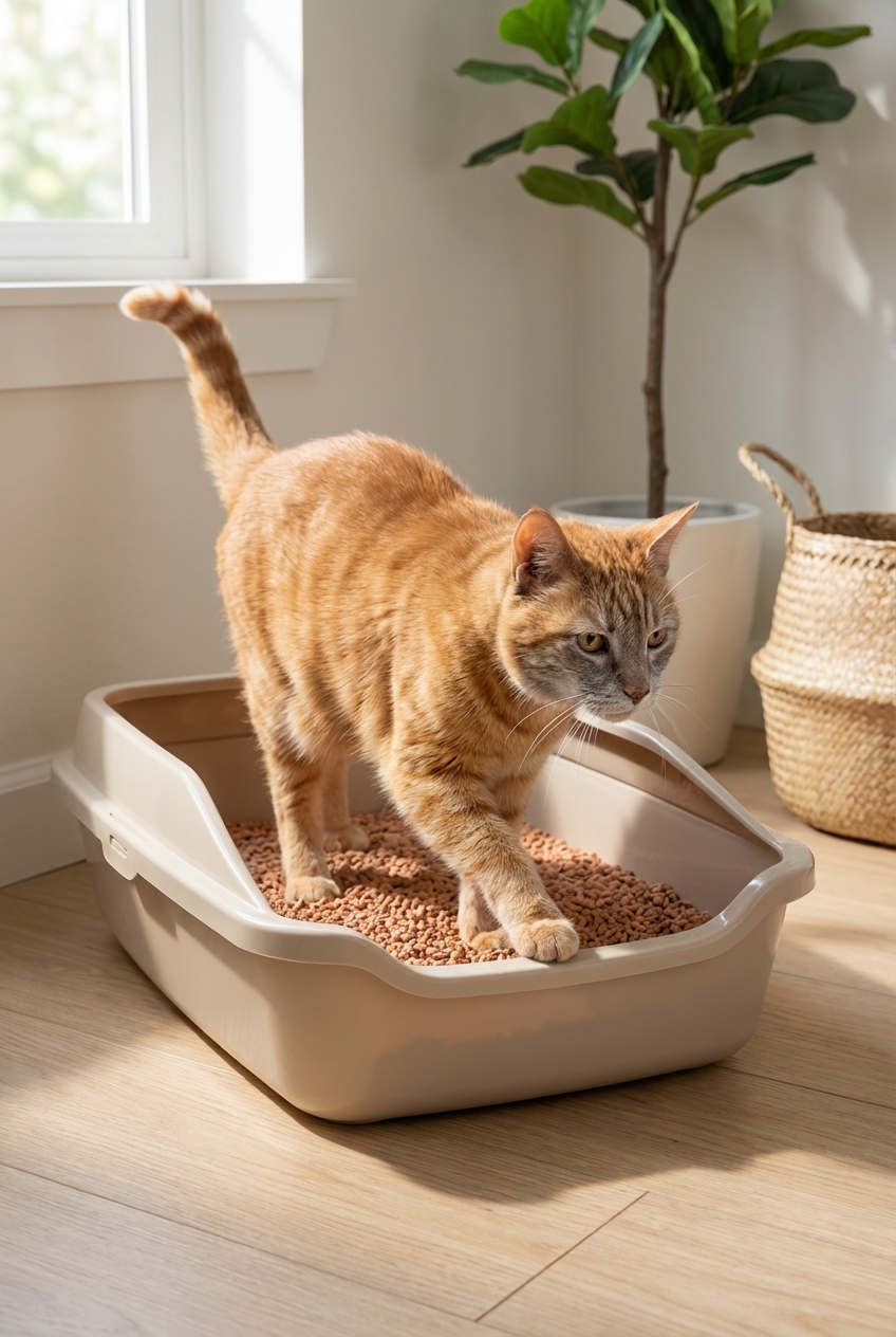 A senior cat stepping into a low-entry litter box in a clean, well-lit room