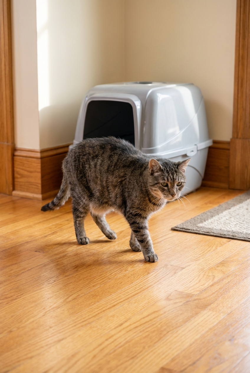 A senior cat with a gentle, relaxed posture walking slowly on a hardwood floor near a litter box