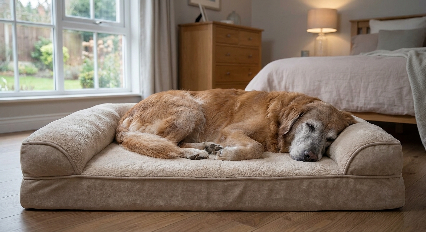 A senior dog curled up on an orthopedic dog bed with bolstered sides in a quiet bedroom