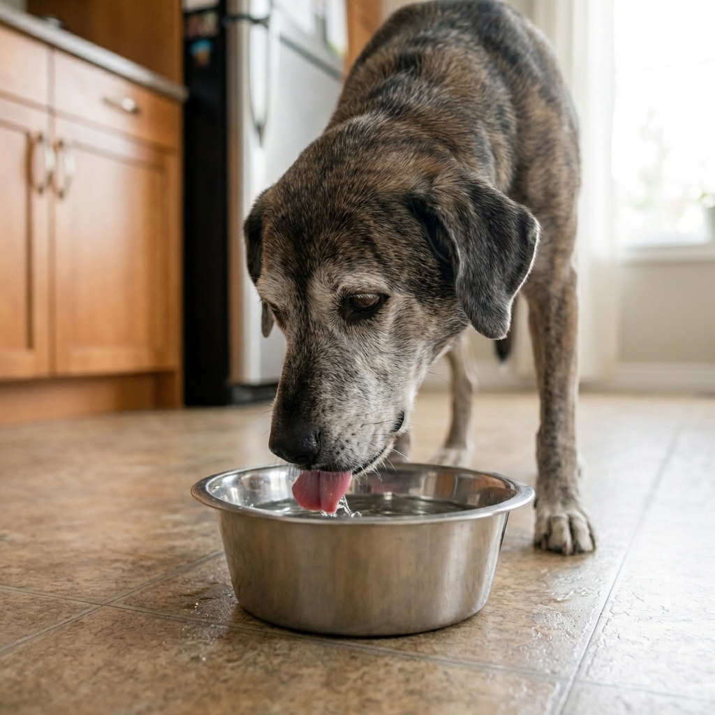A senior dog drinking water from a stainless steel bowl on a kitchen floor