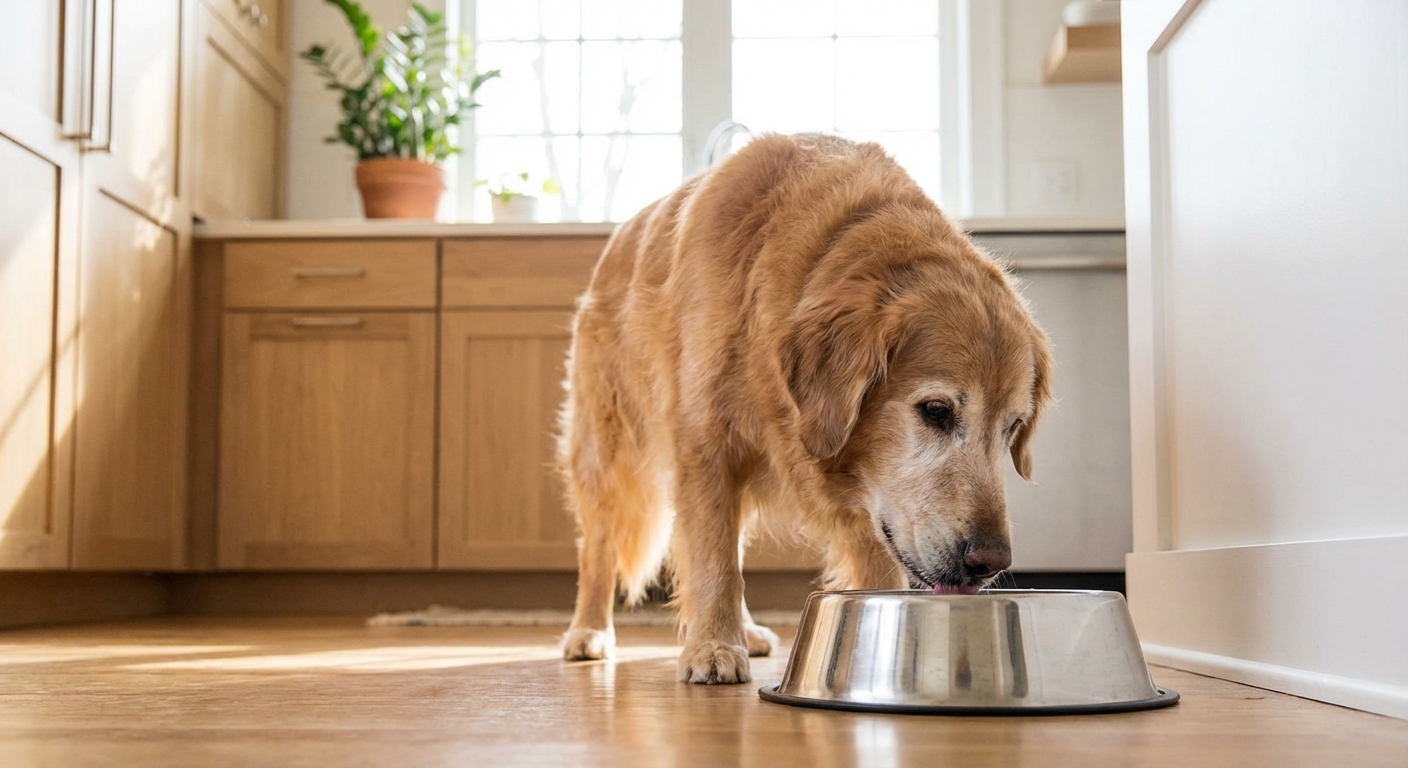 A senior dog drinking water from a stainless steel bowl in a kitchen with soft natural light