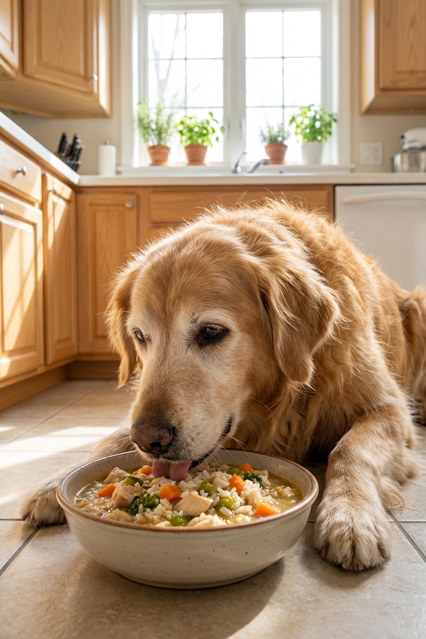 A senior dog eating a bowl of homemade food in a bright kitchen