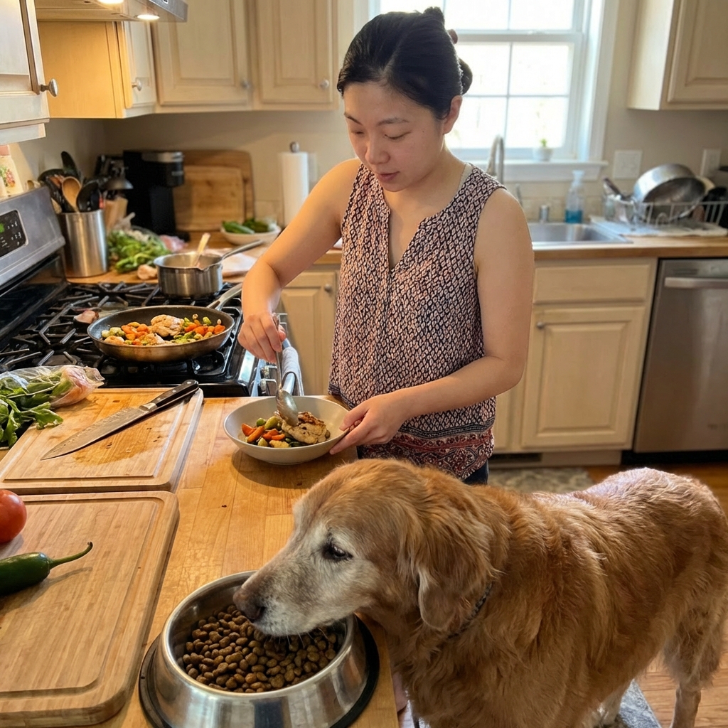 A senior dog eating from a bowl while a caregiver prepares a small portion of cooked food at a kitchen counter