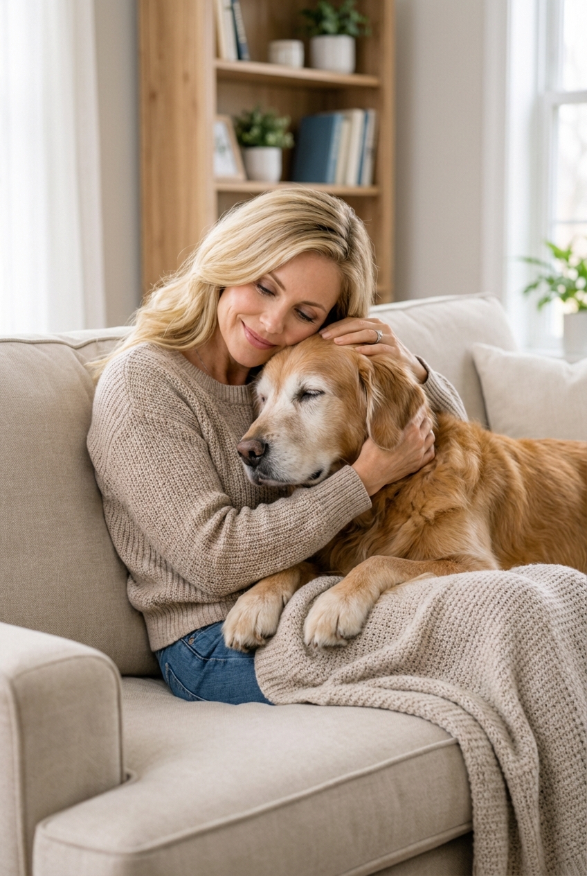 A senior dog leaning against a person on a couch, seeking comfort