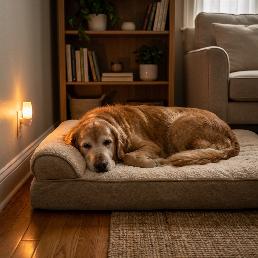 A senior dog lying on a cushioned bed near a night light in a quiet corner of a living room