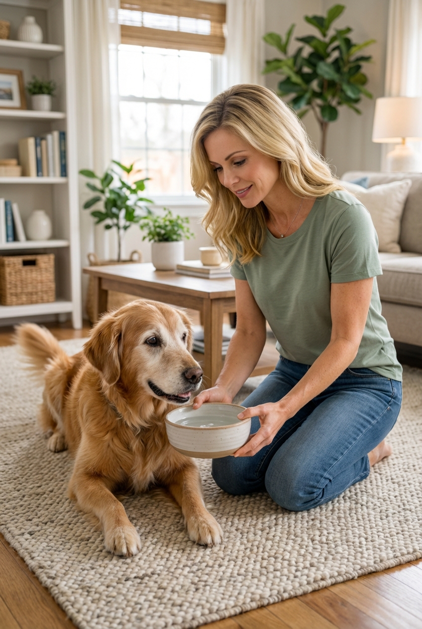 A senior dog lying on a living room rug while a pet owner gently offers a bowl of water