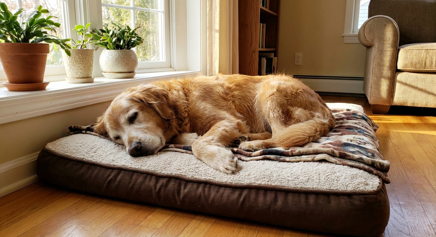 A senior dog lying on a soft bed near a sunny window inside a cozy home