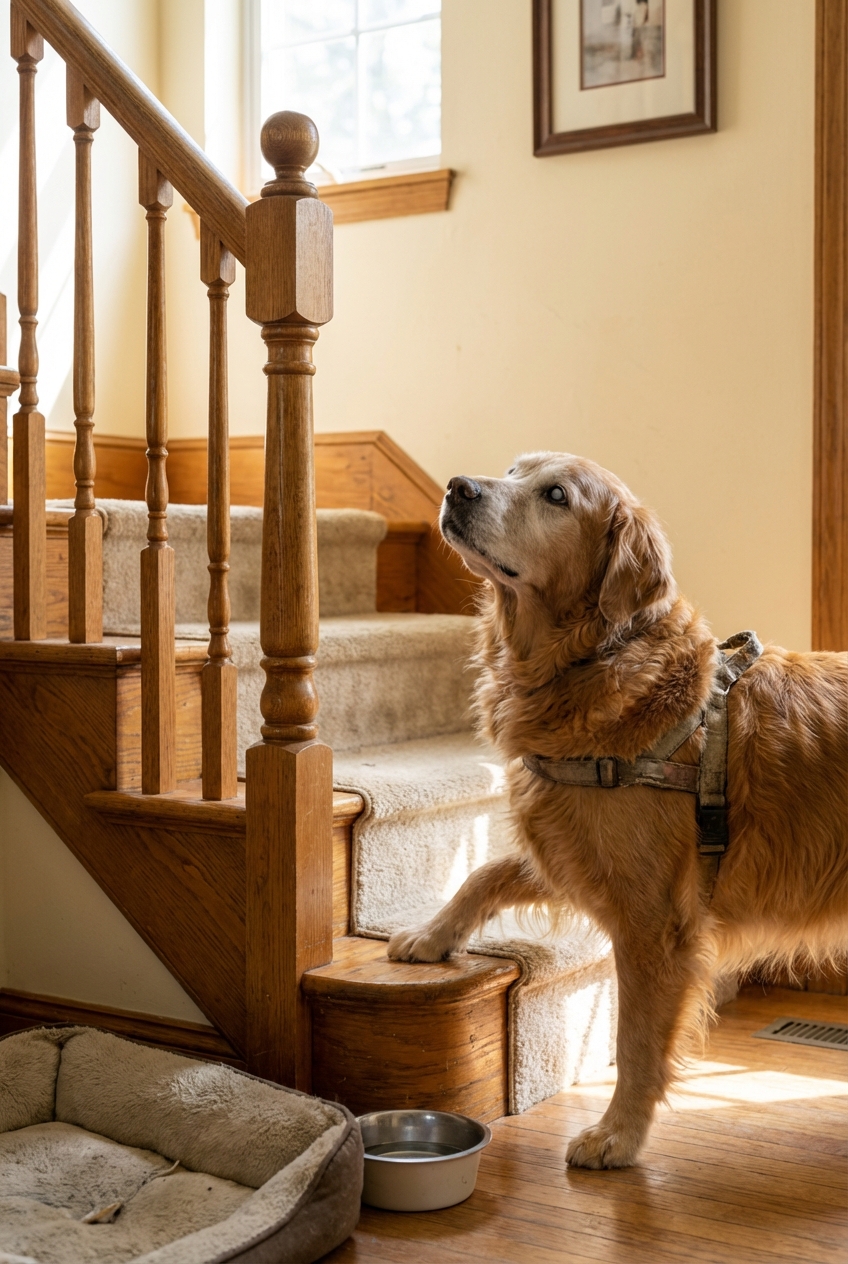A senior dog pausing at the bottom of a staircase while looking upward