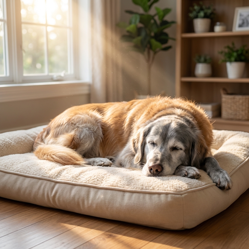 A senior dog resting comfortably on a clean dog bed while sunlight comes through a window