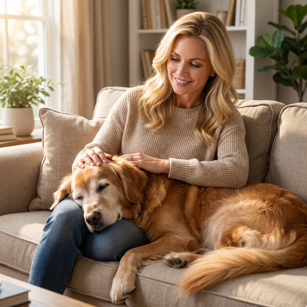 A senior dog resting comfortably on a couch while an owner gently pets its head