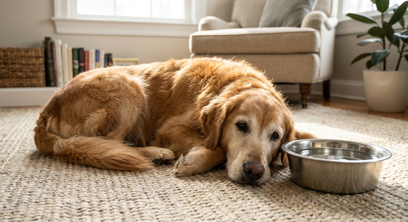A senior dog resting comfortably on a living room rug next to a stainless steel water bowl