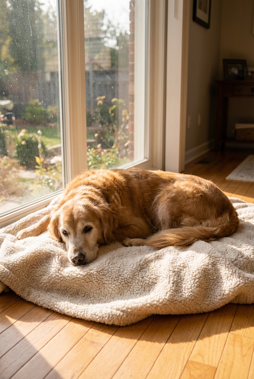 A senior dog resting comfortably on a soft blanket at home near a sunny window