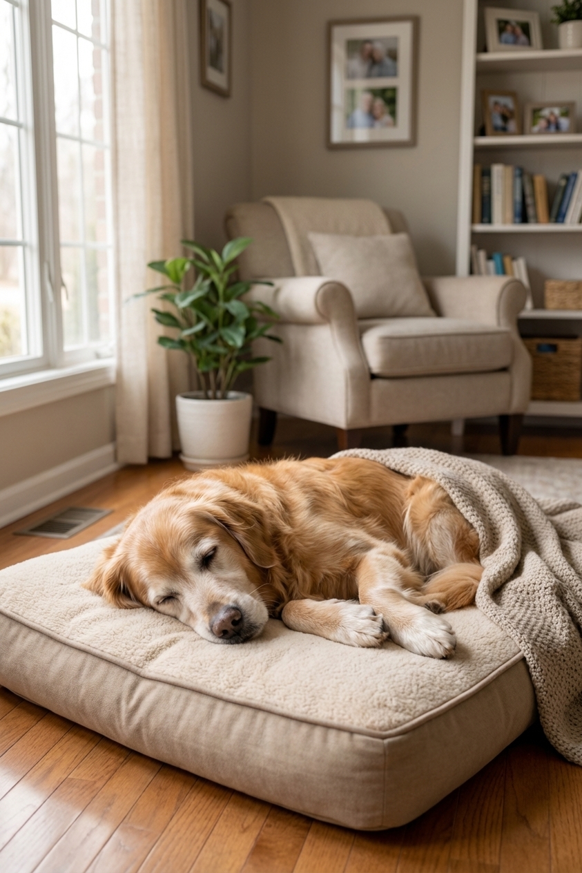A senior dog resting comfortably on a thick orthopedic foam dog bed in a living room with soft natural window light
