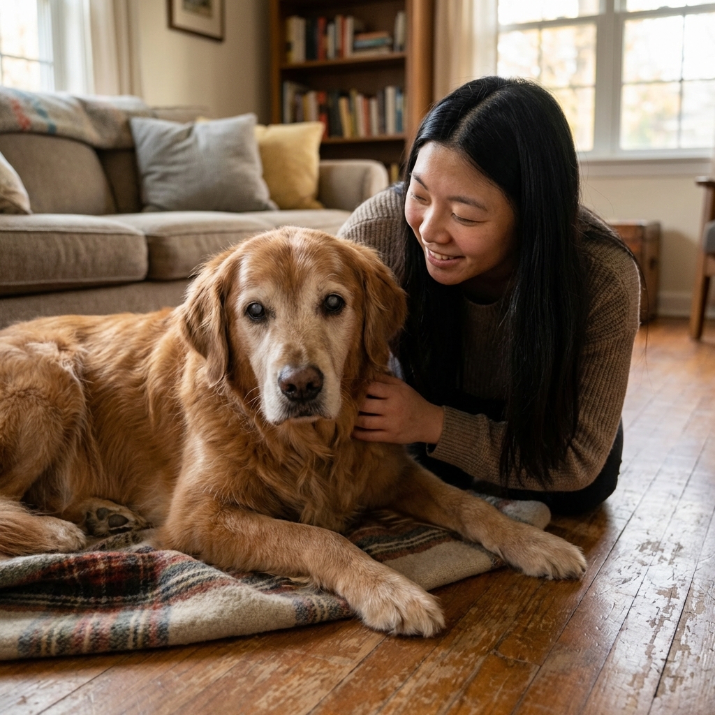 A senior dog resting on a blanket at home while an owner gently pets its shoulder