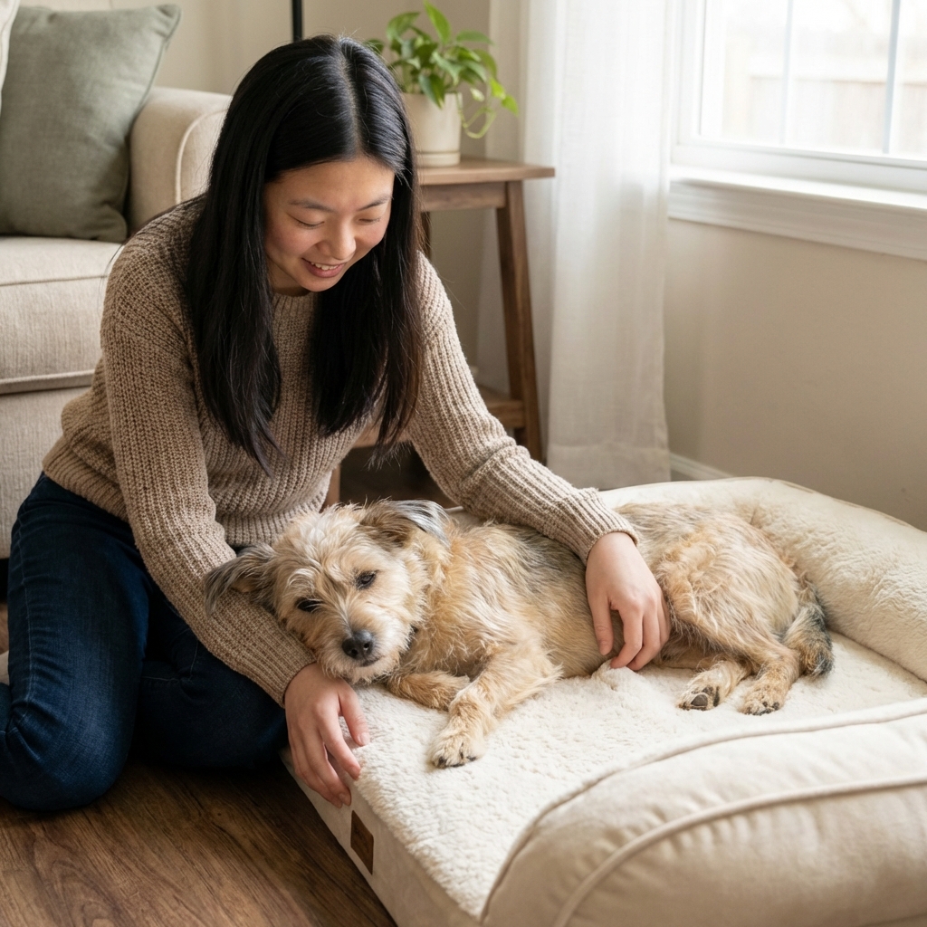 A senior dog resting on a soft bed while a person gently checks the dog’s comfort