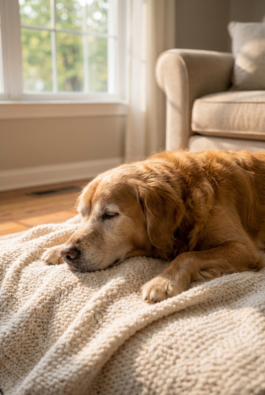 A senior dog resting on a soft blanket while sunlight comes through a window