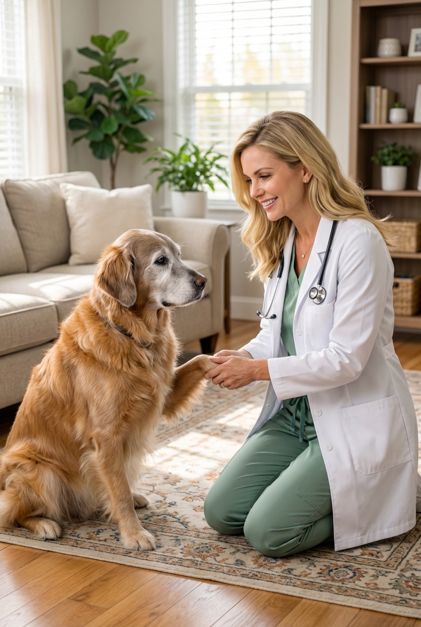 A senior dog sitting calmly on a living room floor while a person gently holds the dog’s paw for a shake