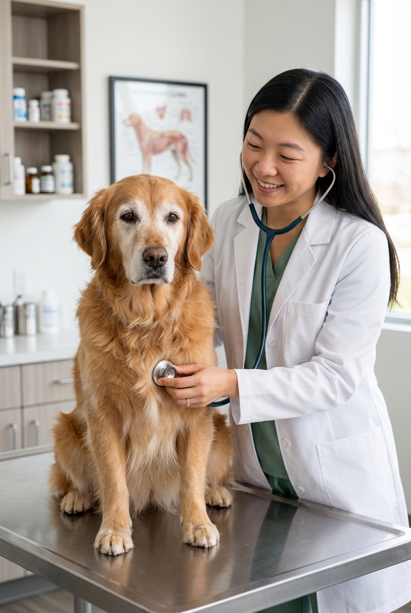 A senior dog sitting on an exam table while a veterinarian gently listens with a stethoscope