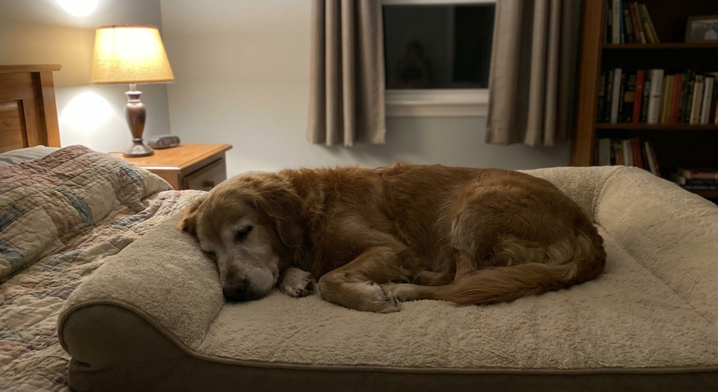 A senior dog sleeping calmly on a soft bed in a quiet bedroom with warm lamplight, realistic photograph