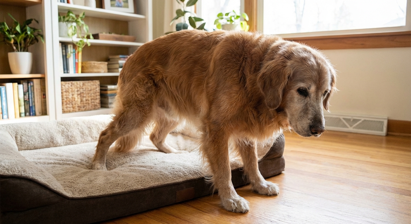 A senior dog slowly standing up from a dog bed, showing stiffness in the back legs