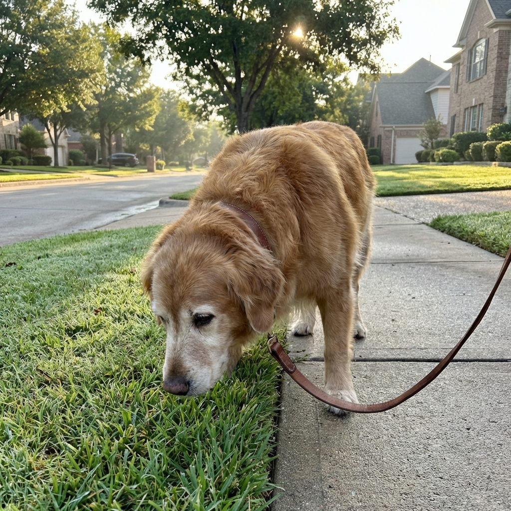 A senior dog sniffing the grass on a quiet neighborhood sidewalk during a slow morning walk