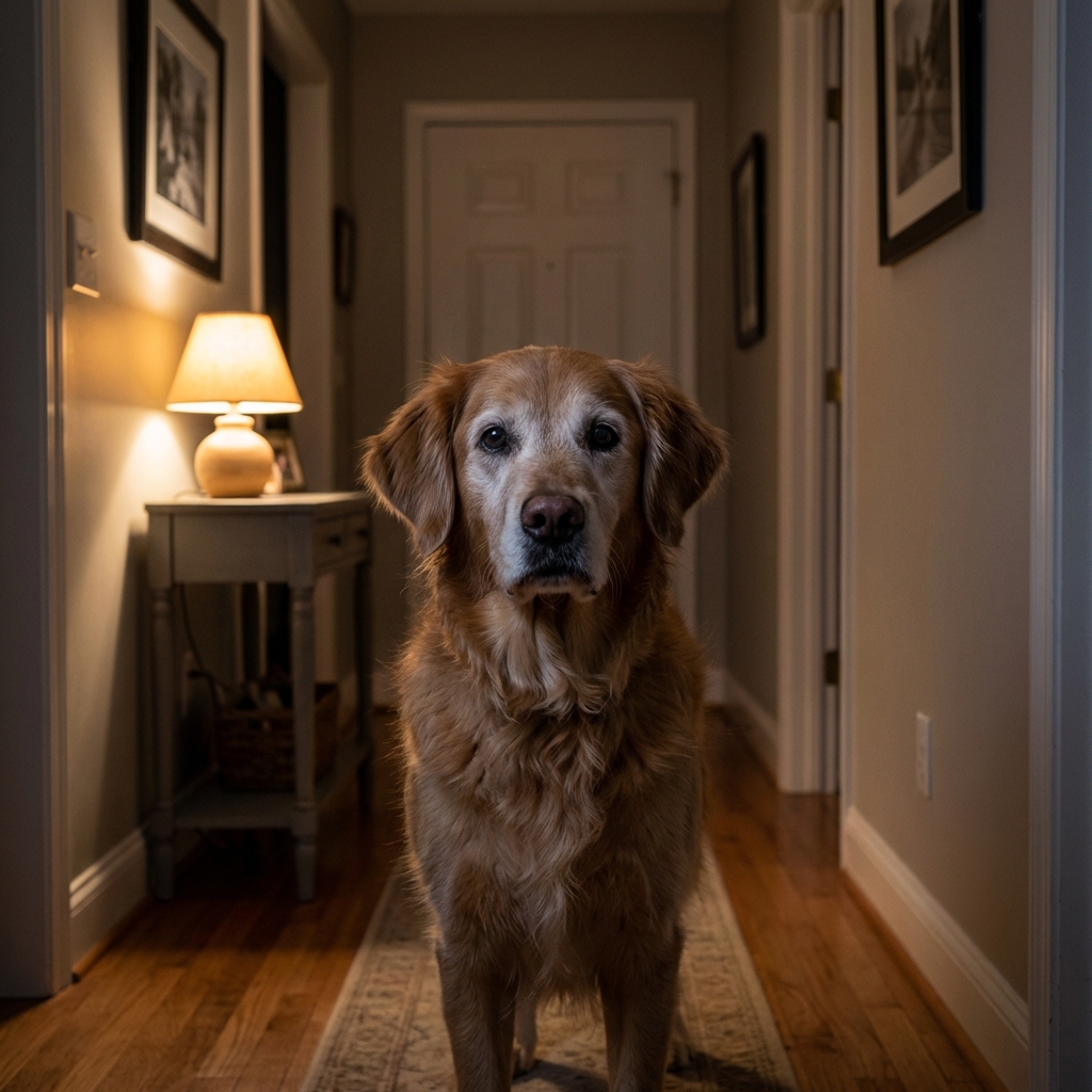 A senior dog standing in a hallway at night under a small lamp, appearing awake and alert