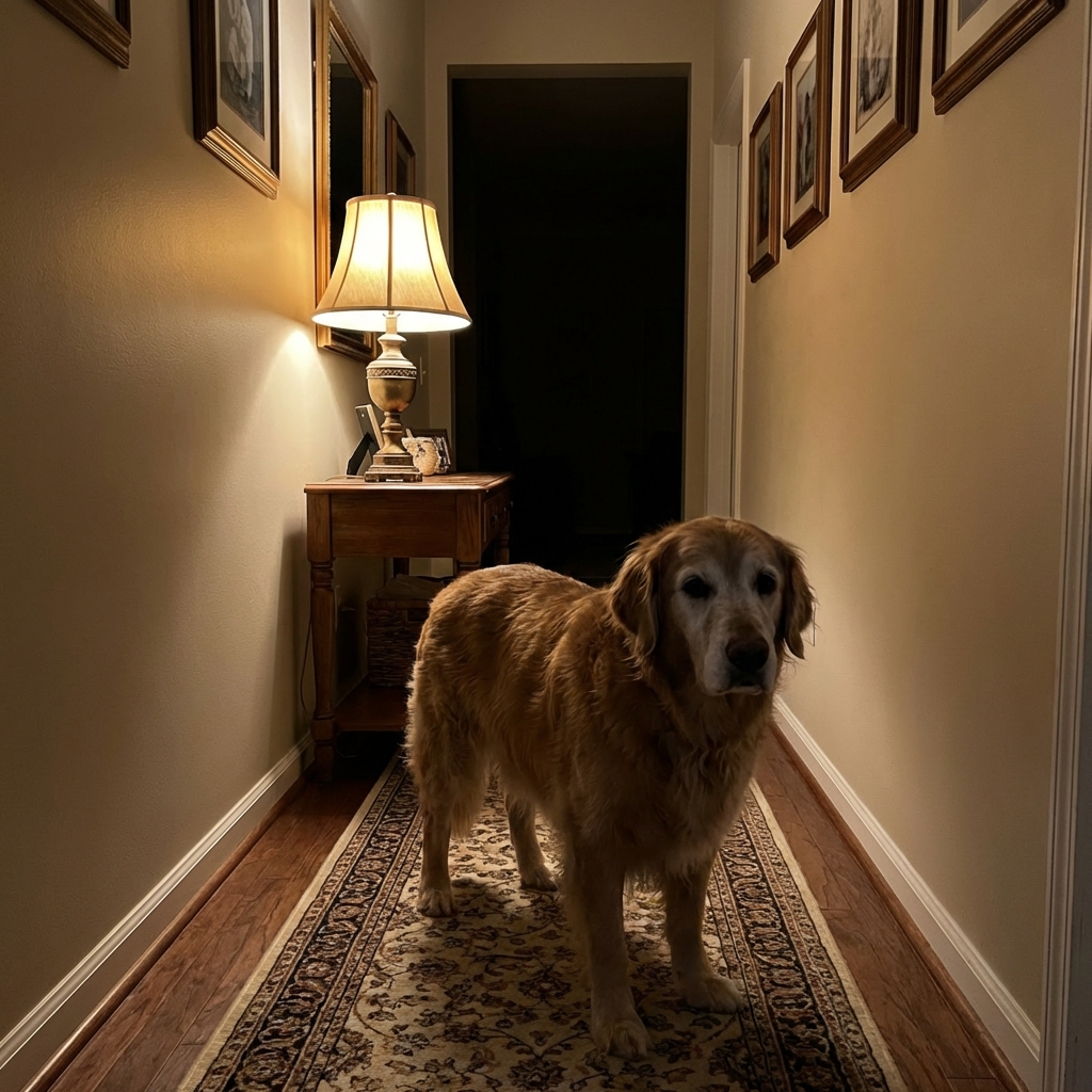 A senior dog standing in a hallway at night with a soft lamp on in the background