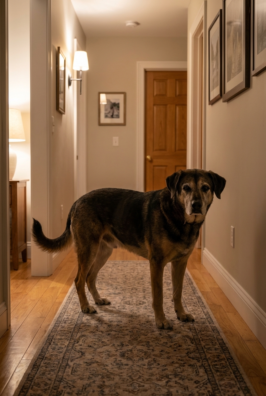 A senior dog standing in a hallway at night with soft indoor lighting