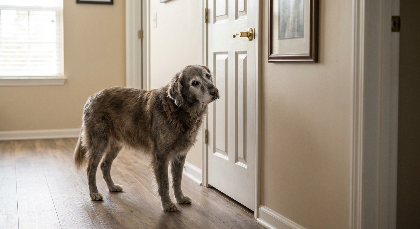 A senior dog standing in a hallway looking confused while a familiar doorway is visible nearby