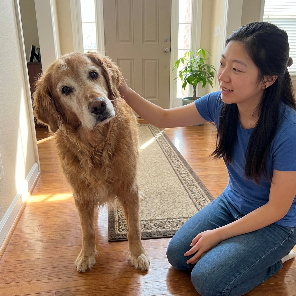 A senior dog standing in a hallway looking slightly confused while a caregiver kneels nearby