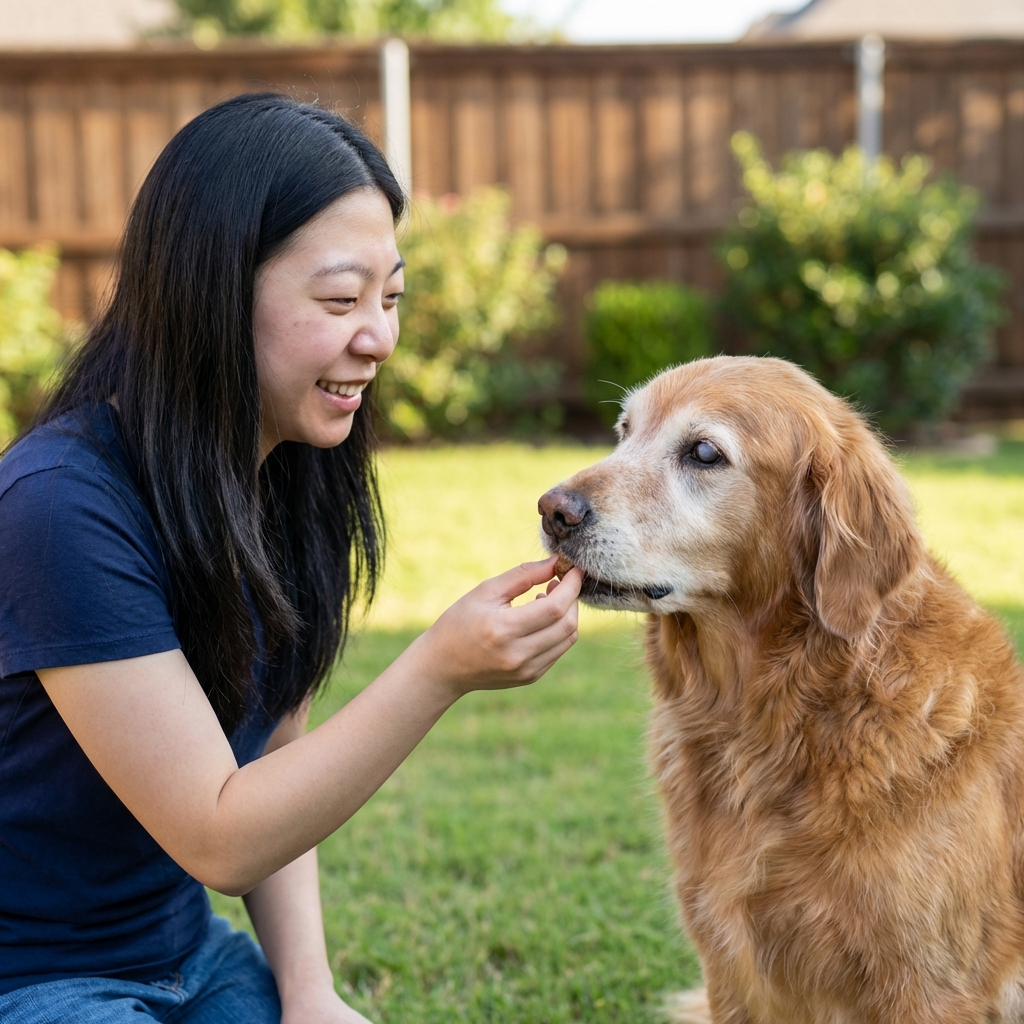 A senior dog standing in grass while a caregiver offers a small treat from their hand