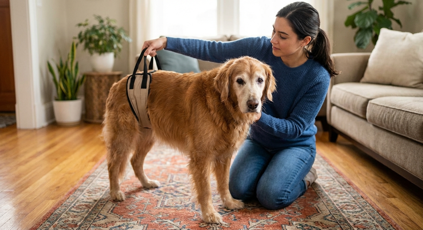A senior dog standing on a rug while an owner gently supports the dog with a sling harness