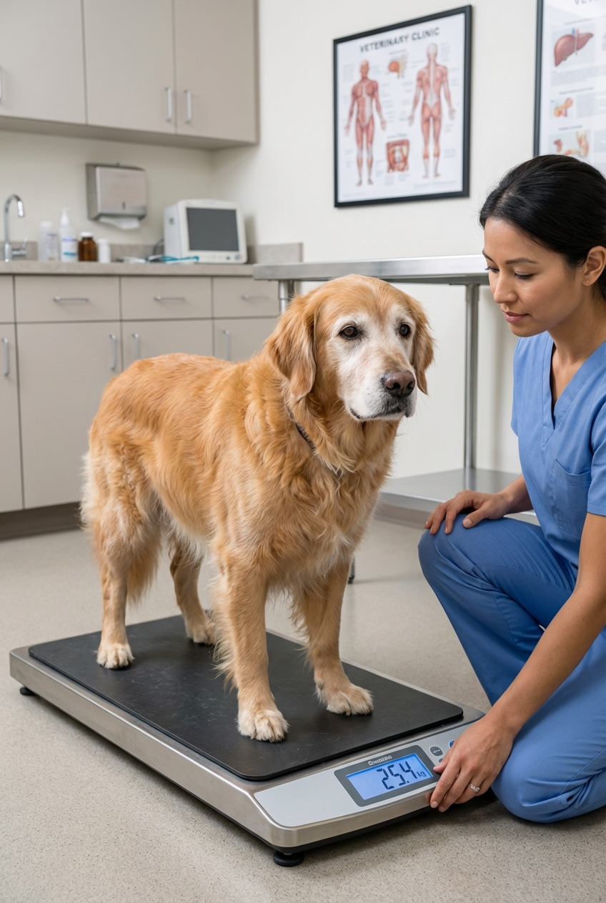 A senior dog standing on a scale at a veterinary clinic