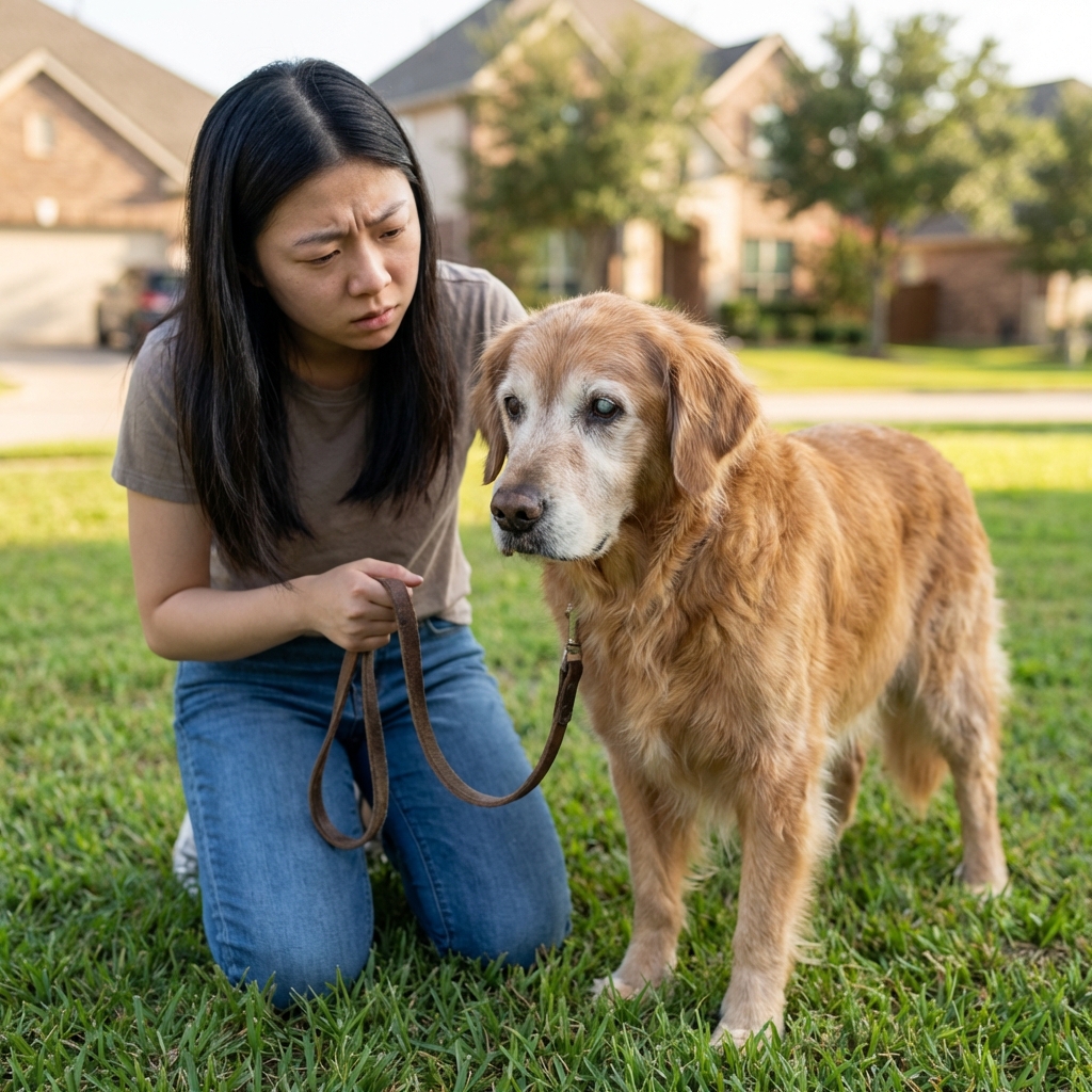 A senior dog standing outside on grass while an owner holds a leash and looks concerned