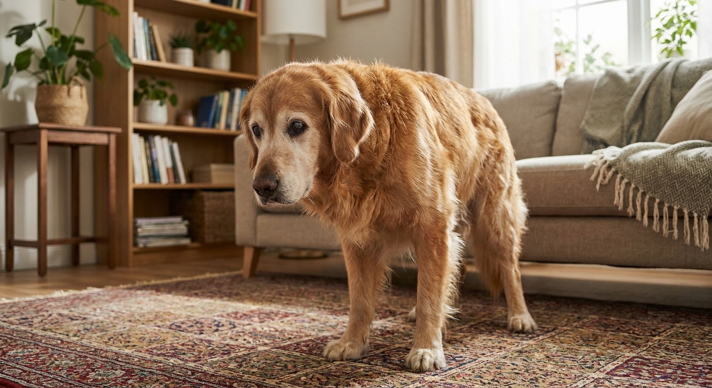 A senior dog standing slowly on a living room rug with a slightly hunched posture