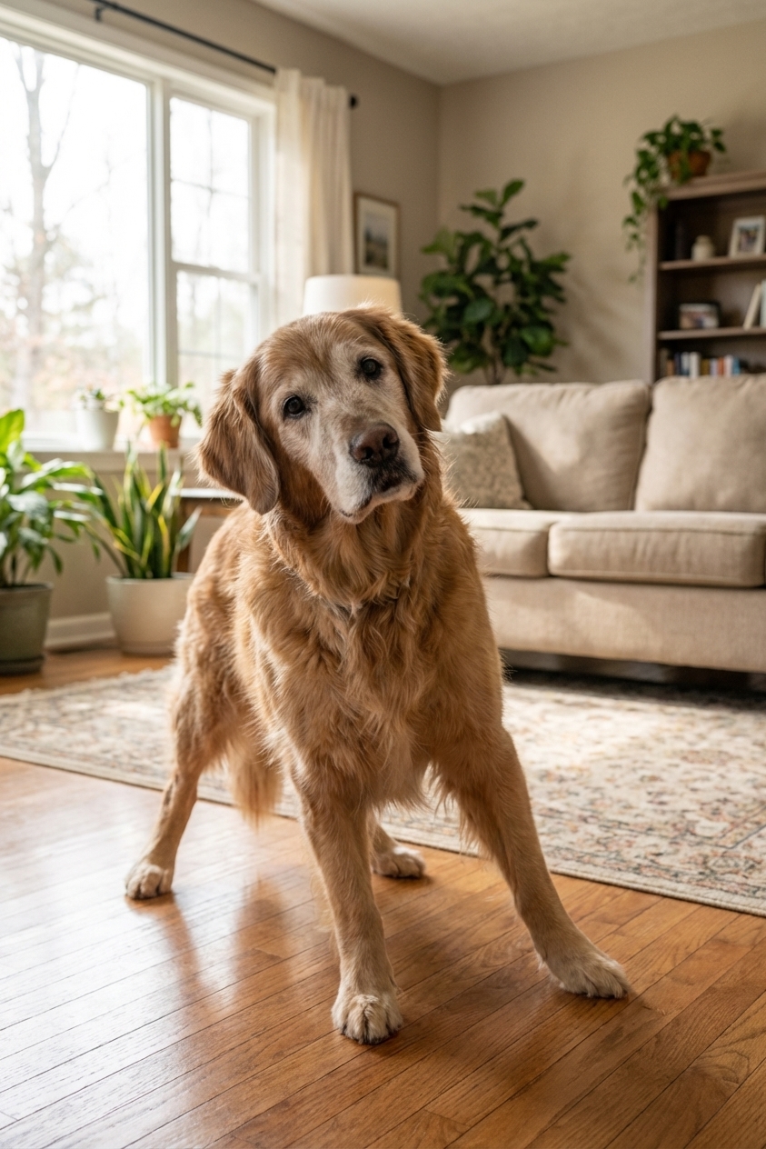 A senior dog standing unsteadily in a living room with a noticeable head tilt