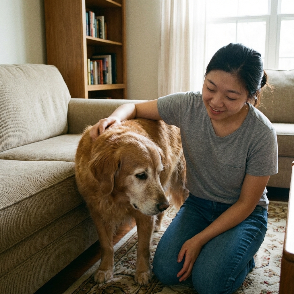 A senior dog standing with a slightly hunched posture beside a couch while an owner kneels nearby