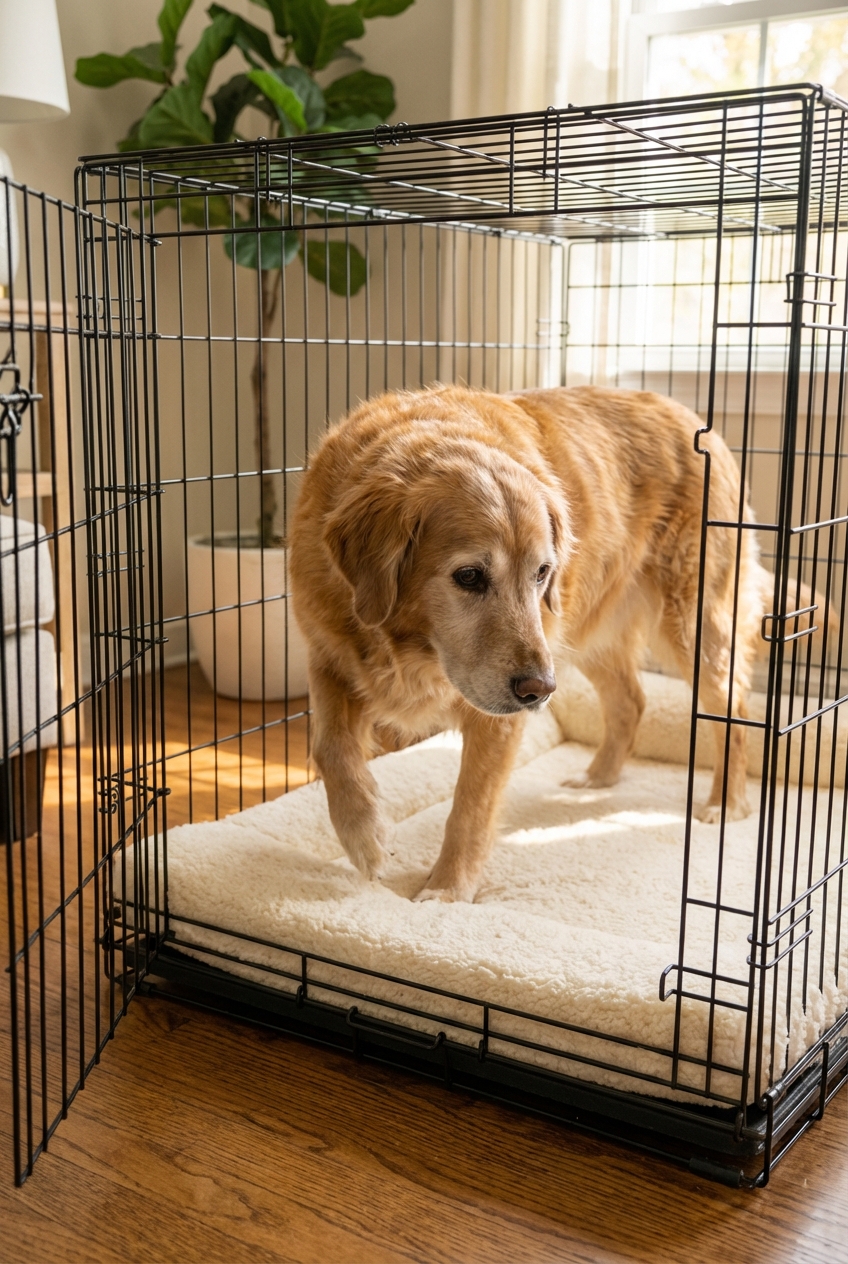 A senior dog stepping calmly into an open crate with a low entry and a thick padded mat