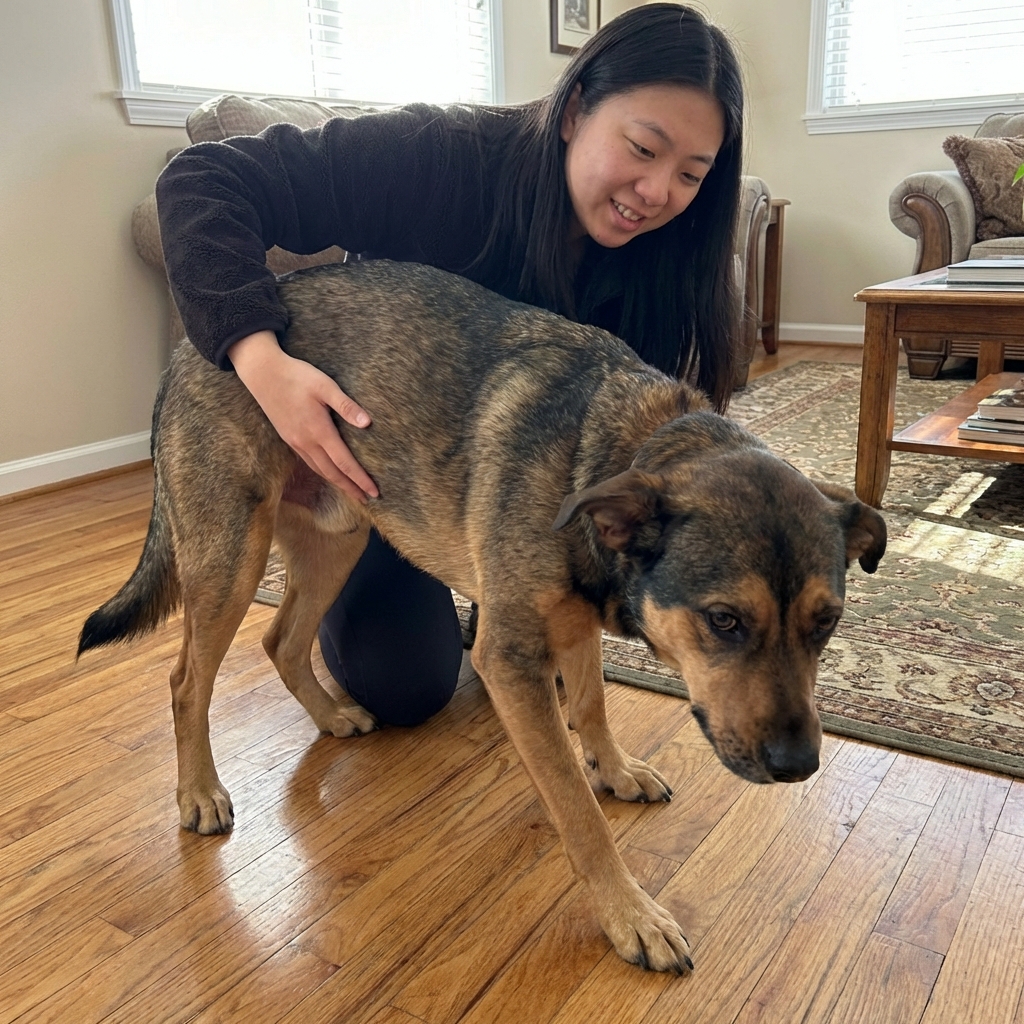 A senior dog stepping carefully on hardwood flooring while a person offers gentle support