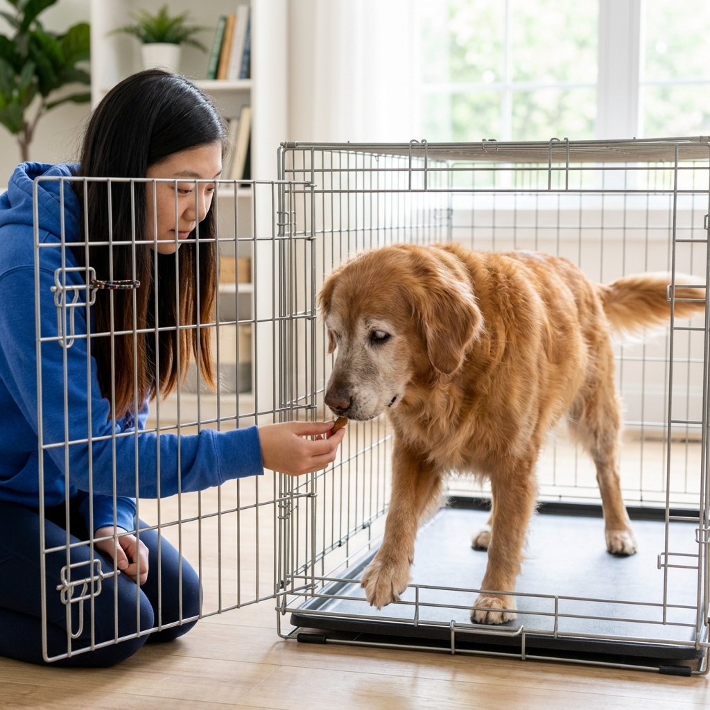 A senior dog stepping into a crate with the door secured open while a person offers a treat