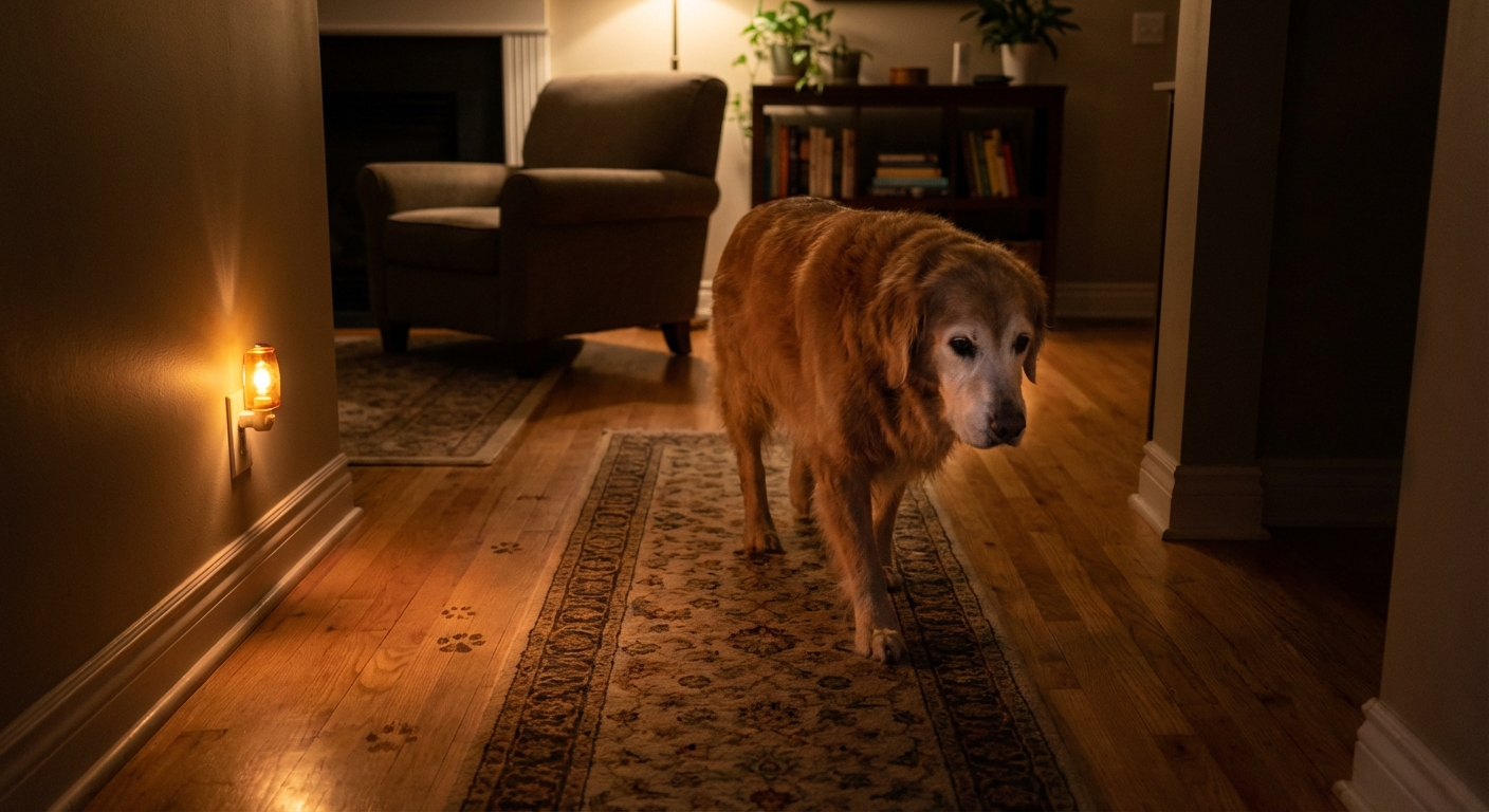 A senior dog walking across a living room with a runner rug on hardwood floors and a soft night light glowing nearby