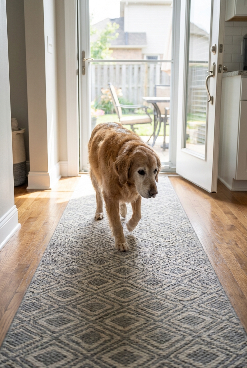 A senior dog walking on a non-slip runner rug toward a back door