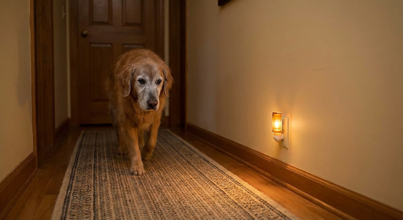 A senior dog walking on a runner rug in a home hallway with a small night light glowing