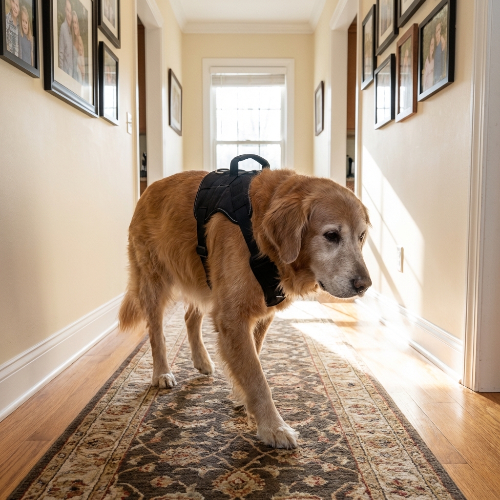 A senior dog walking slowly down a rug-lined hallway at home while wearing a supportive harness
