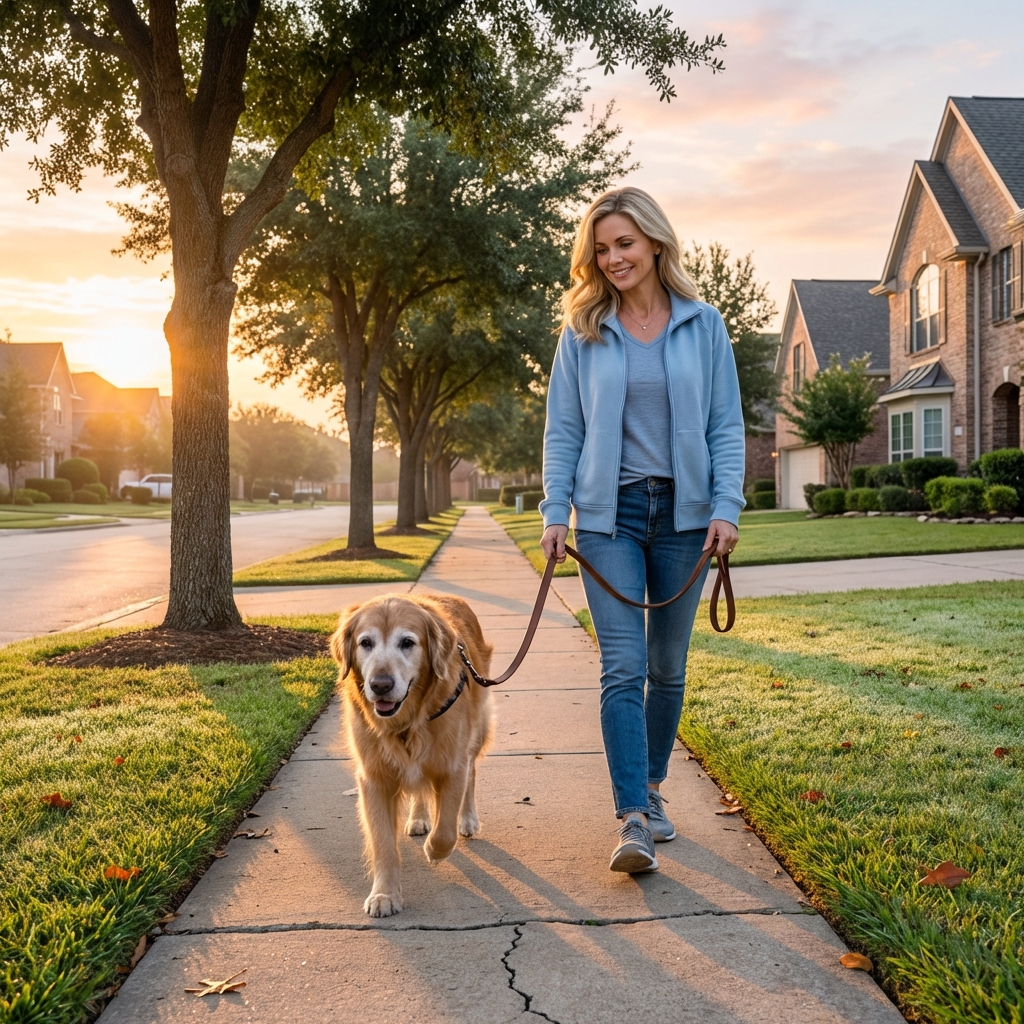 A senior dog walking slowly on a leash along a quiet neighborhood sidewalk at sunrise