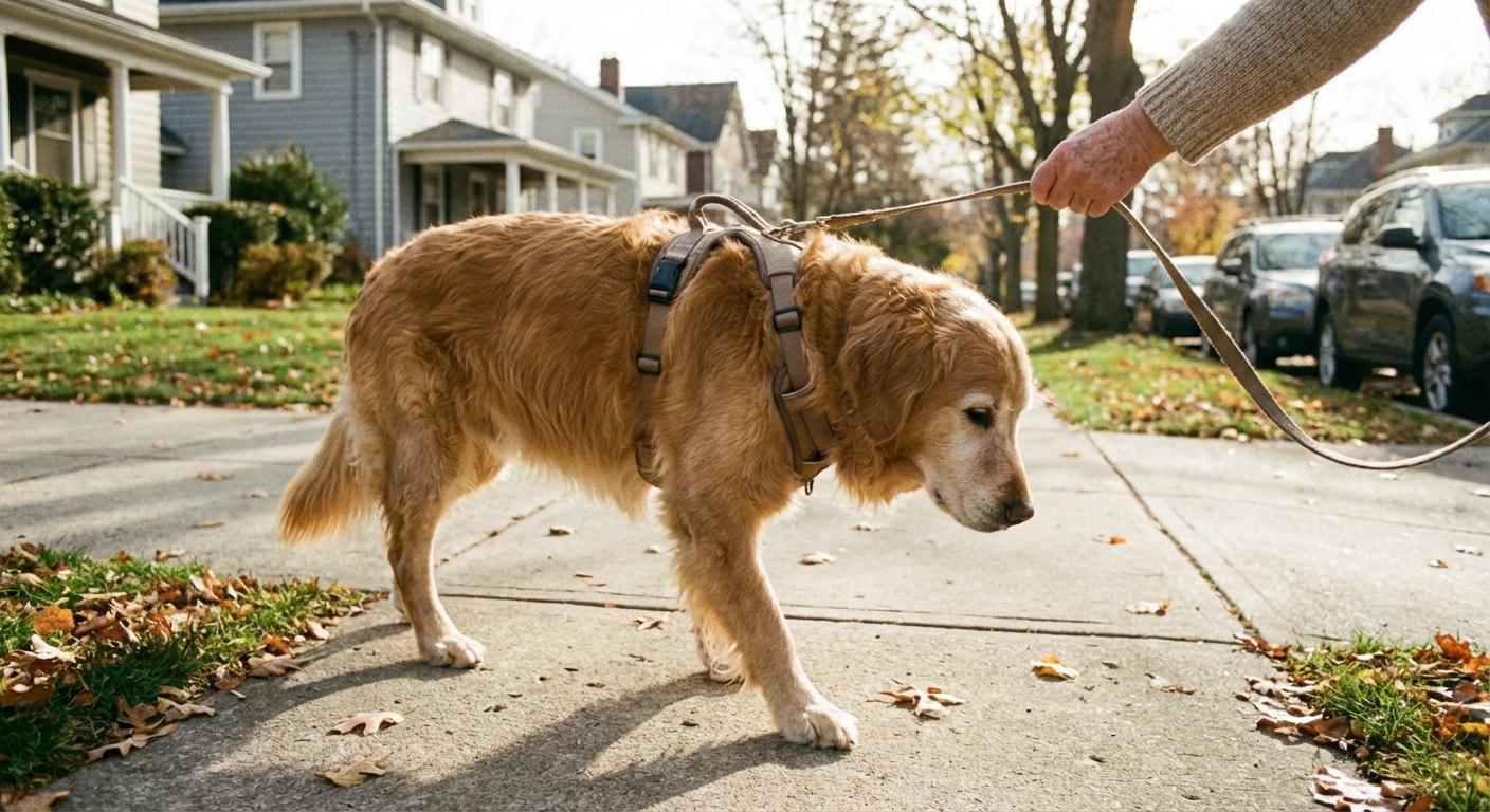 A senior dog wearing a harness while walking slowly on a neighborhood sidewalk with an owner holding the leash