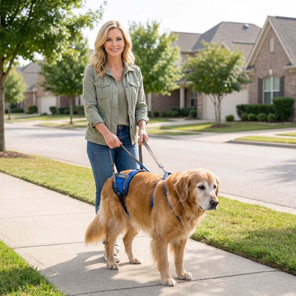 A senior dog wearing a rear-support harness while walking on a quiet neighborhood sidewalk with an owner holding the leash