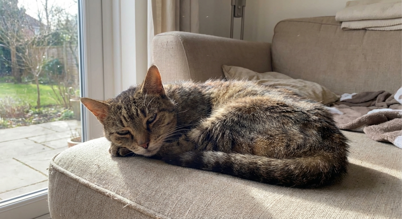 A senior domestic cat with a thin coat resting on a living room couch near a window, looking tired and less active, realistic photograph