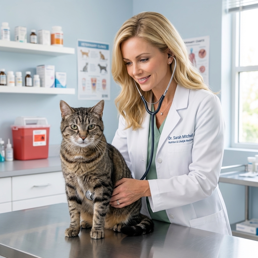 A senior domestic shorthair cat being gently examined by a veterinarian on a stainless steel table in a bright veterinary exam room, realistic photo